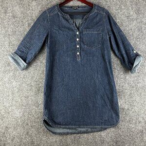 Express Shirt Dress Womens XS Cotton Denim Popover Button Neck Roll Tab Sleeve